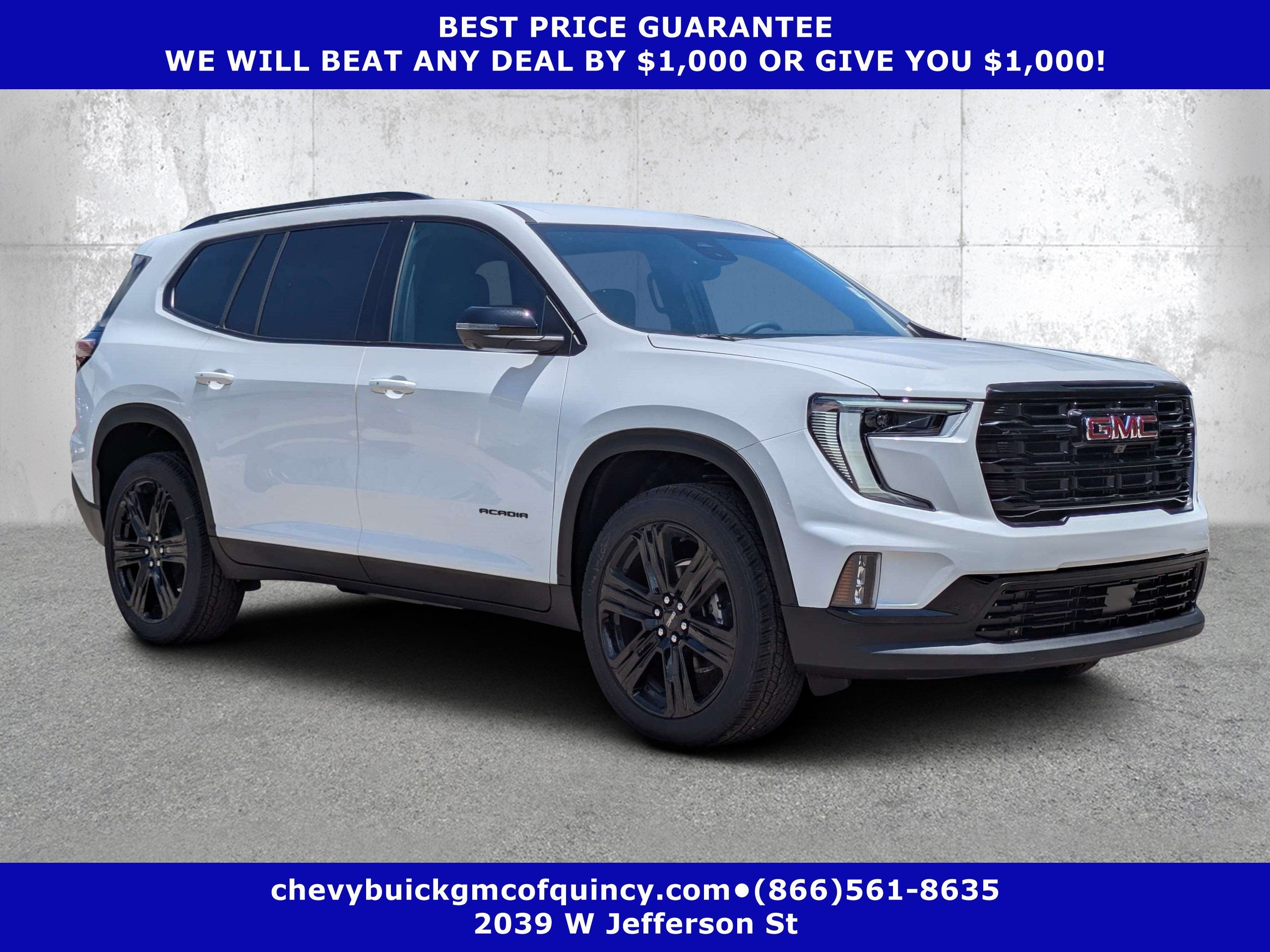 2026 GMC Acadia Elevation in Summit White — front three-quarter view