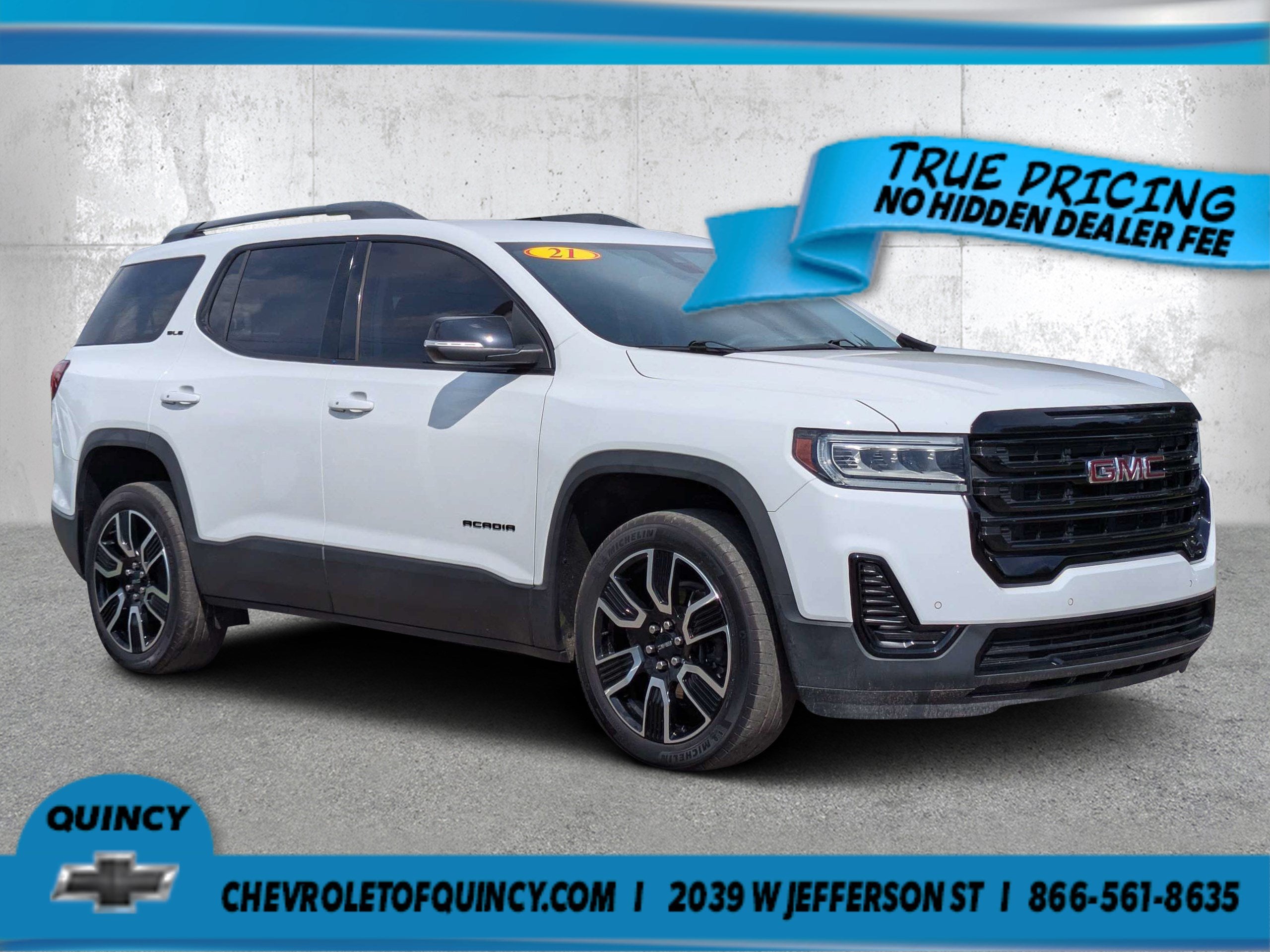 2021 GMC Acadia SLE in Summit White — front three-quarter view