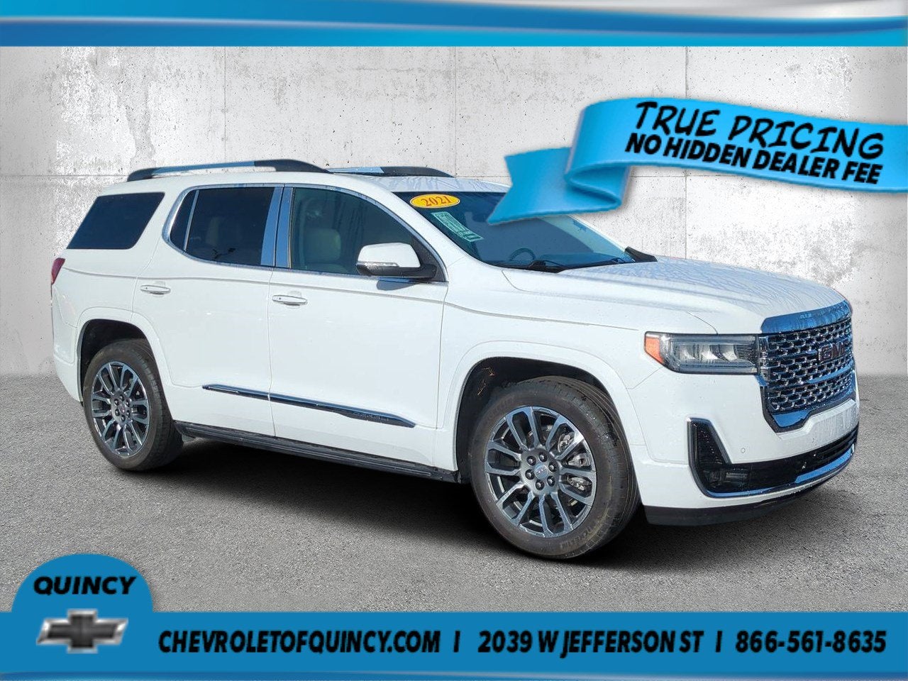 2021 GMC Acadia Denali in Summit White — front three-quarter view